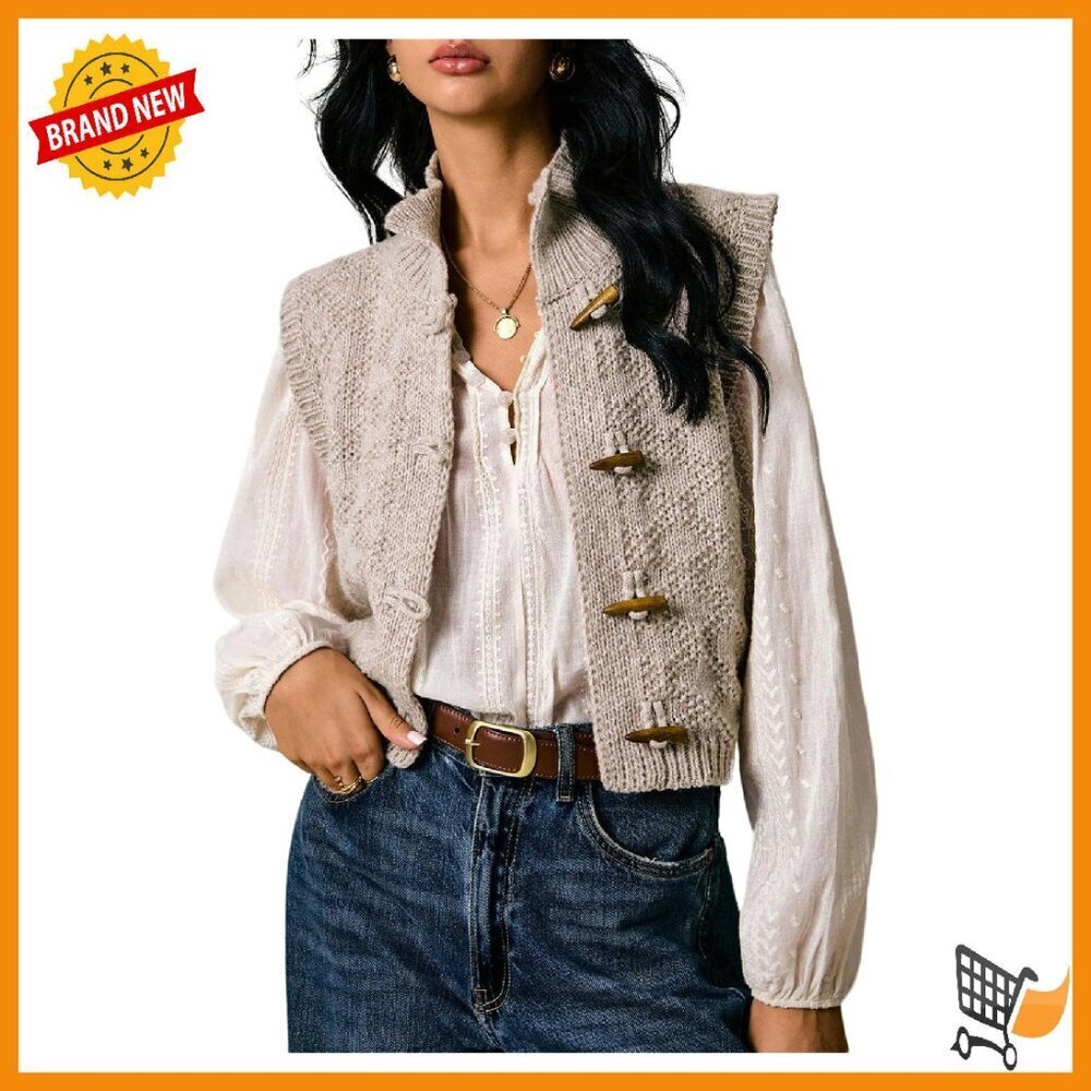 Women's Mock Neck Button Front Crochet Knit Sweater Vest Sleeveless
